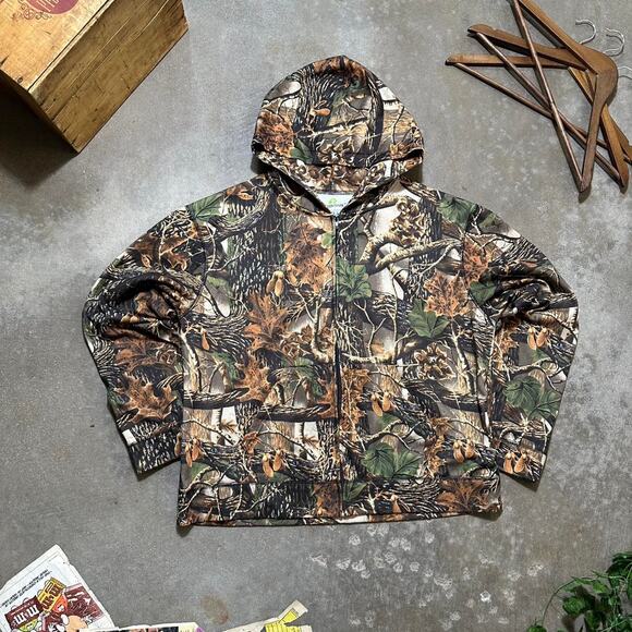 Vintage Camouflage Zip Up Hoodie Mens Large Camo Brown Green Boxy Sweatshirt - Picture 1 of 3